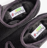 Padders LYDIA X Womens (6E Fit) Touch Fasten Slippers Black top view showing soft textile lining and brand labels.