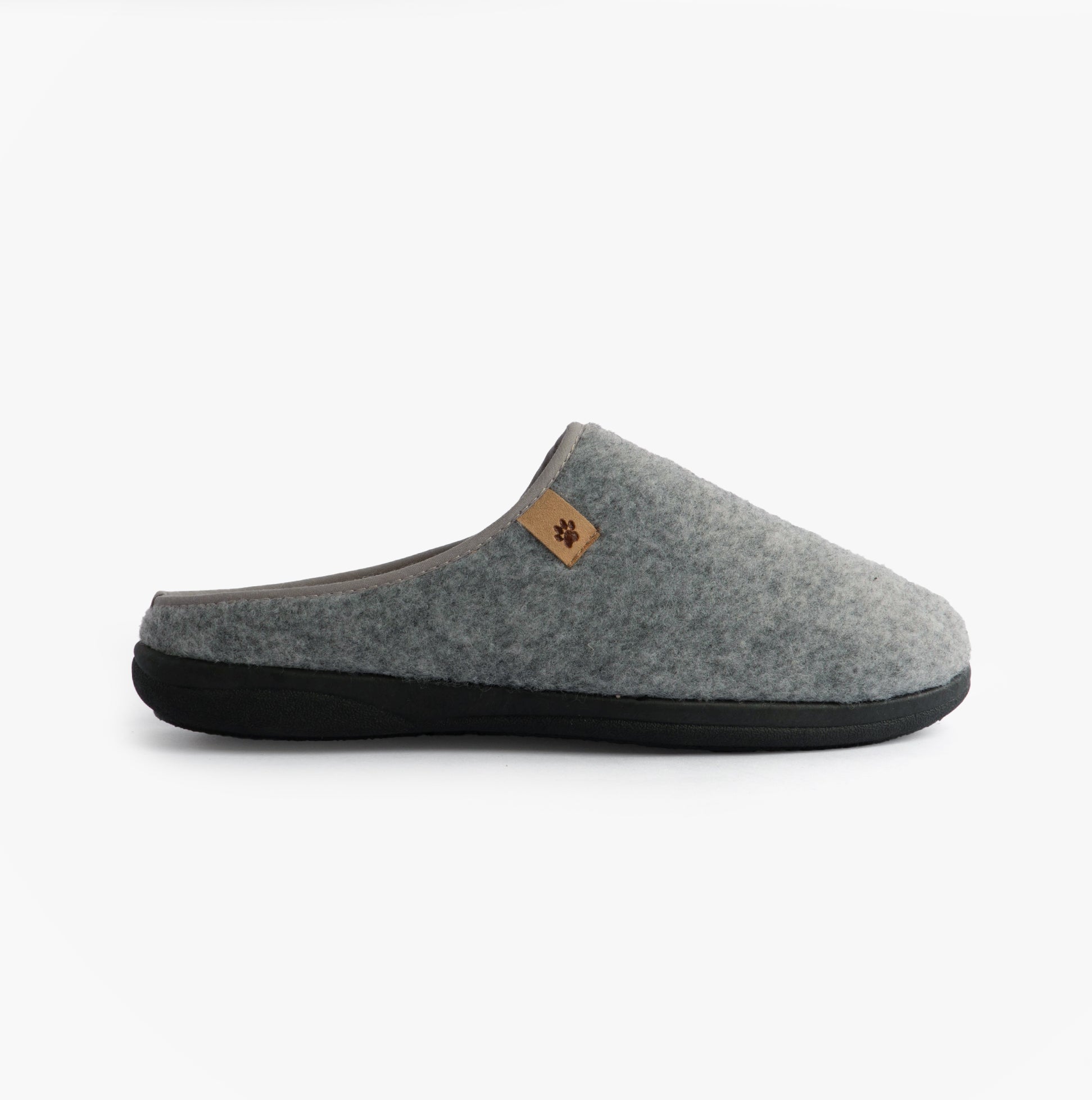 Padders FELIX Mens Mule Slippers Grey side view showcasing comfortable textile upper and rubber sole.