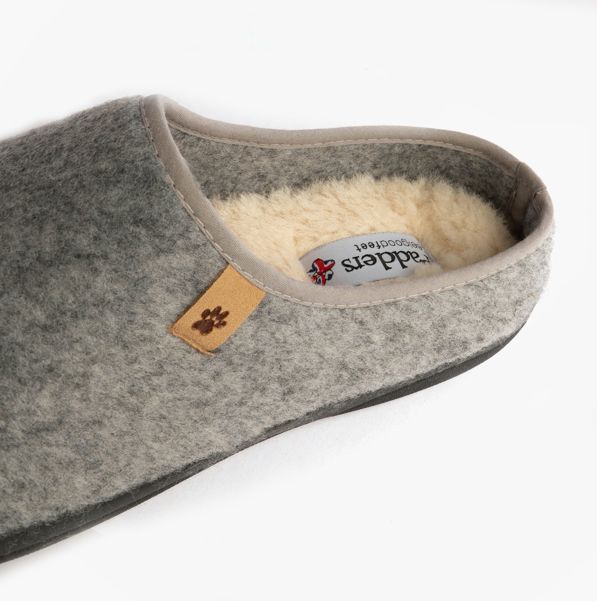 Padders FELIX Mens Mule Slippers Grey detail view showcasing soft textile lining and comfortable slip-on design.