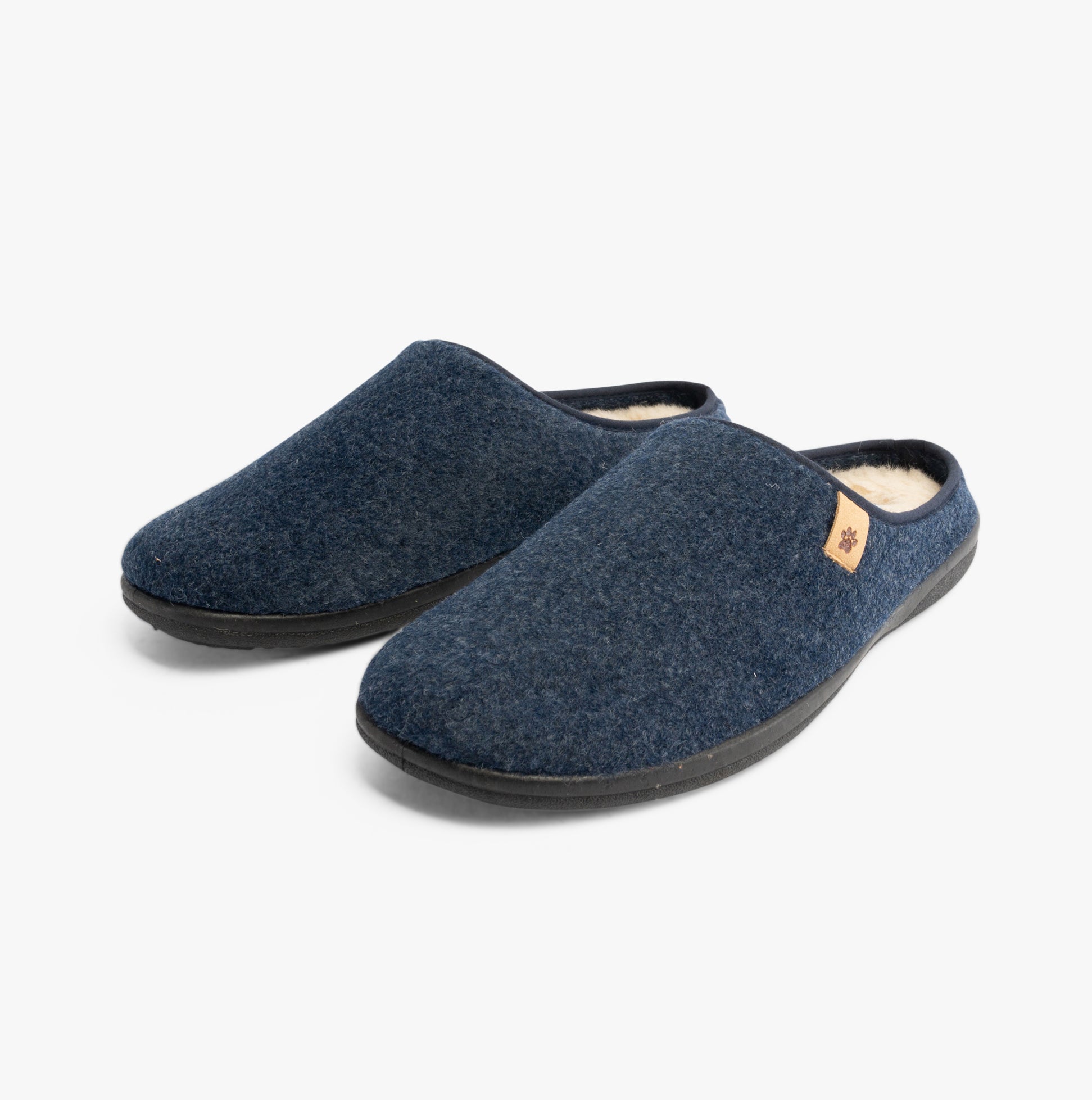 Padders FELIX Mens Mule Slippers Blue Felt side view showing textile upper and round toe design.