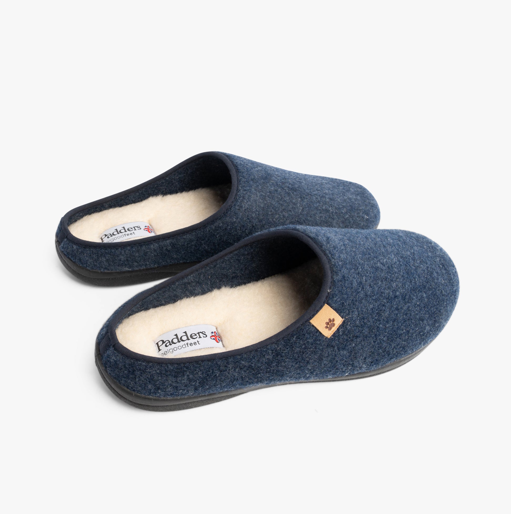 Padders FELIX Mens Mule Slippers Blue Felt top view showing soft textile lining and slip-on design.