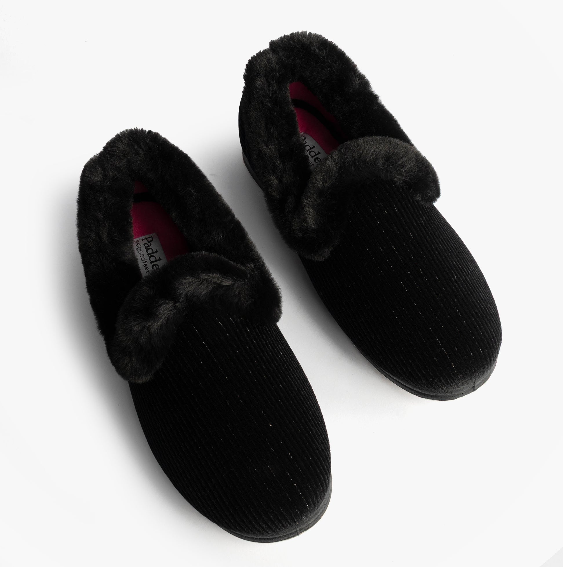 Padders CAMILLA Womens (2E Fit) Touch Fasten Slippers Black top view showing black textile upper with fur lining.