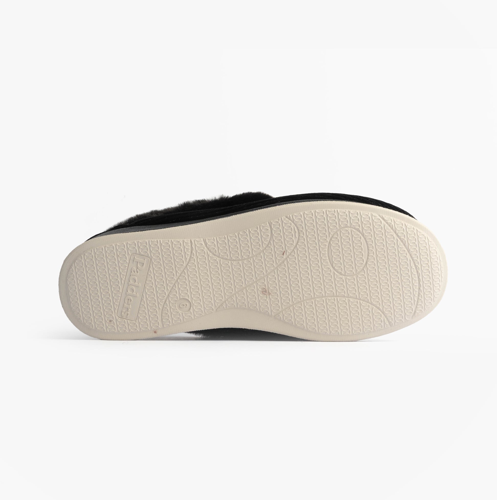 Padders CAMILLA Womens (2E Fit) Touch Fasten Slippers Black bottom view showing rubber sole design.