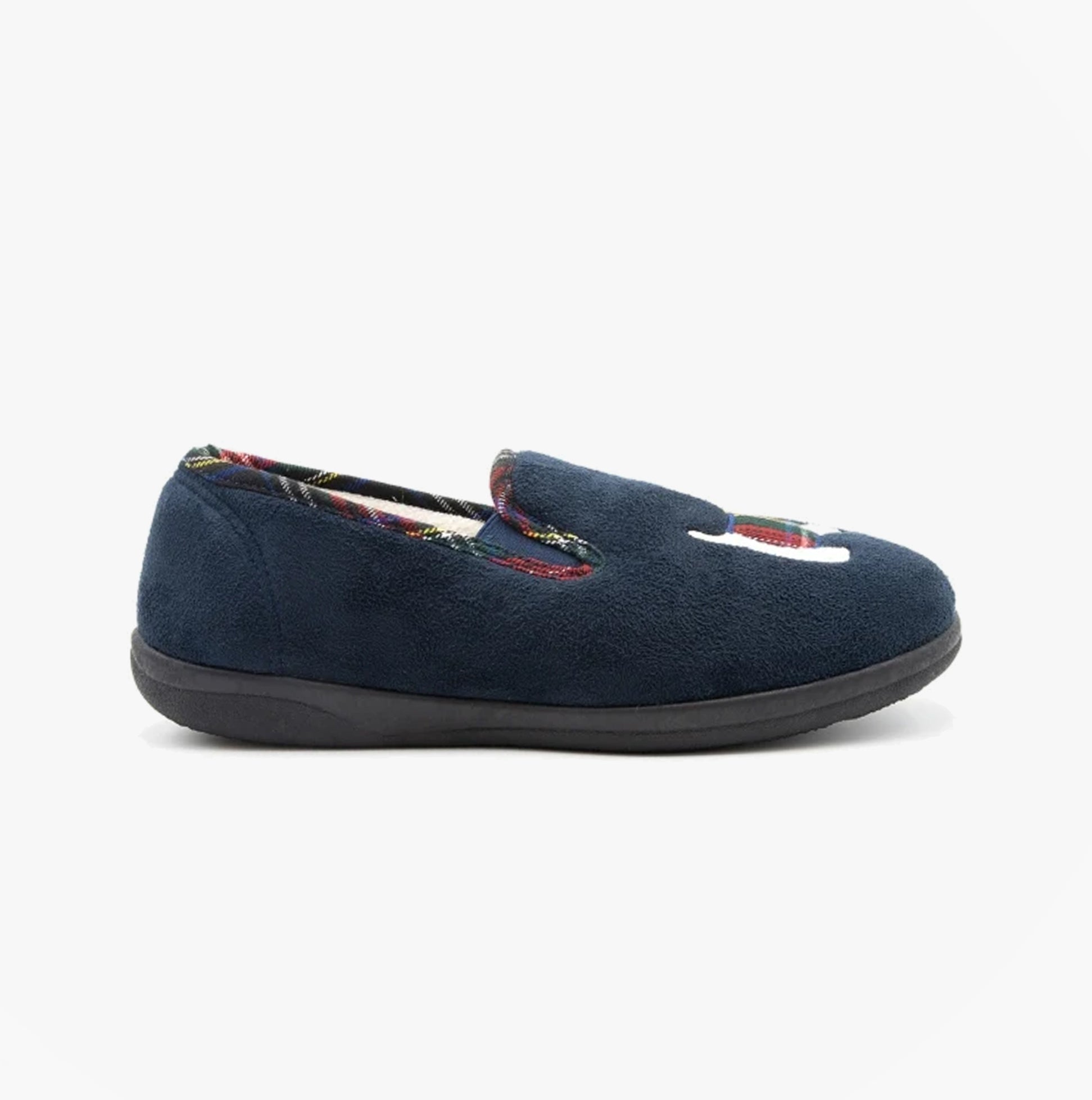 Padders DANDIE Womens (2E/3E Fit) Full Slippers Navy side view showcasing textile upper and slip-on design.