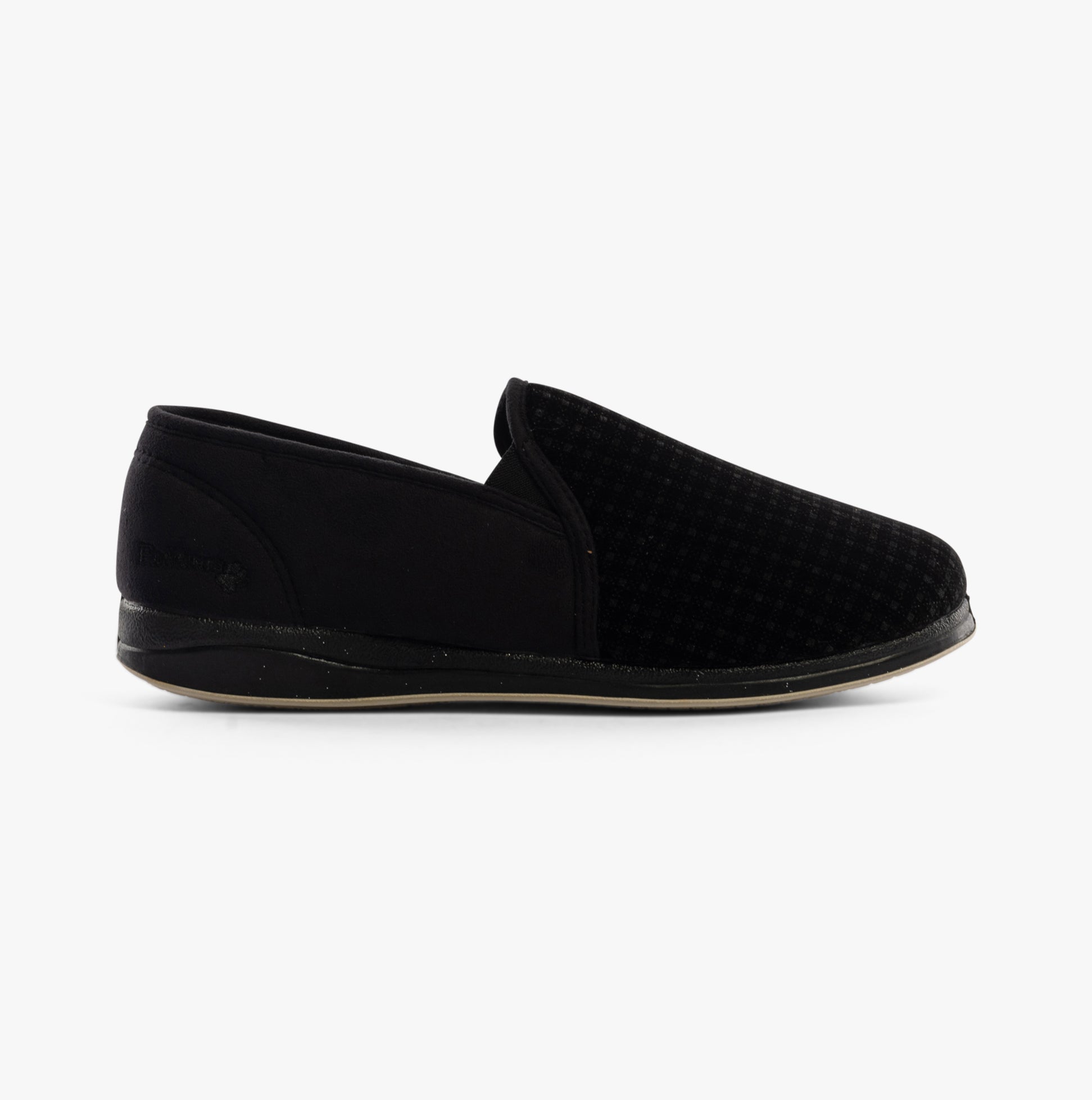 Padders ALBERT Mens (G Fit) Full Slippers Black Check side view showing textile upper and rubber sole.