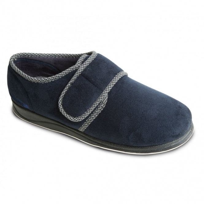 Padders HARRY (G Fit) Mens Slippers Navy side view showing adjustable strap and microsuede upper.