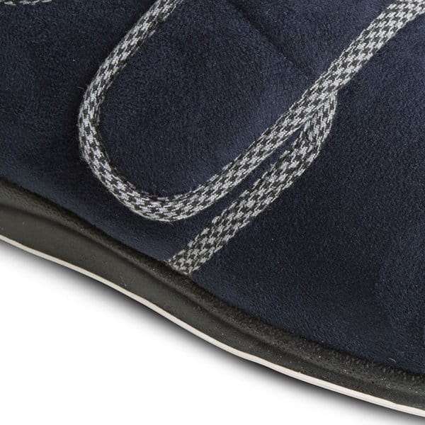 Padders HARRY (G Fit) Mens Slippers Navy close-up view showing microsuede upper and adjustable strap detail.