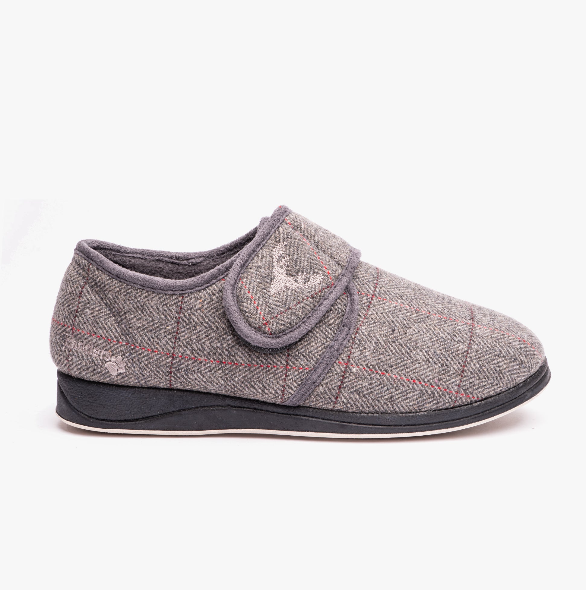 Padders CHARLES Mens (G Fit) Slippers Grey Combi side view showing touch fasten and textile upper.