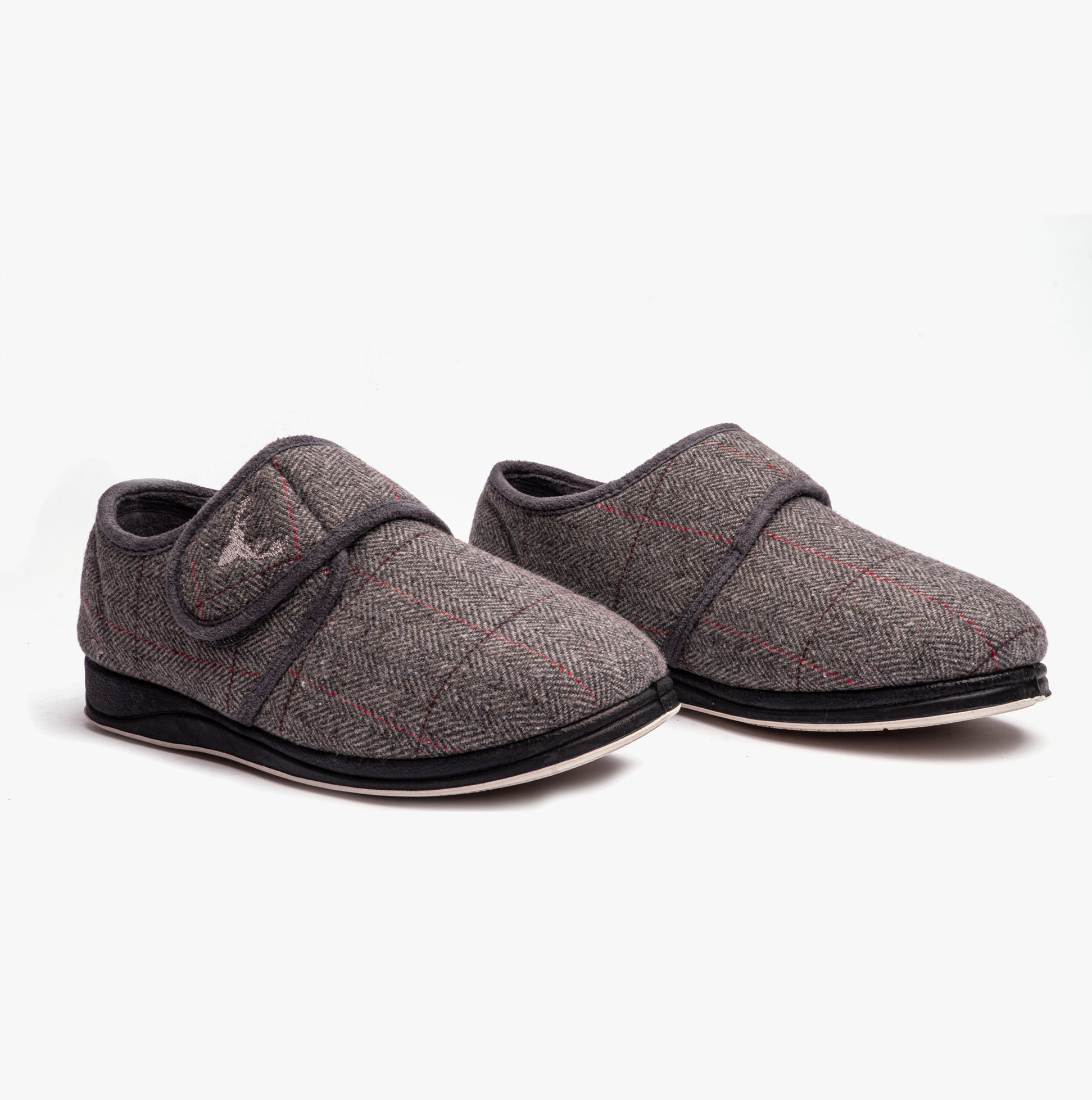Padders CHARLES Mens (G Fit) Slippers Grey Combi side view showing textile upper and rubber sole