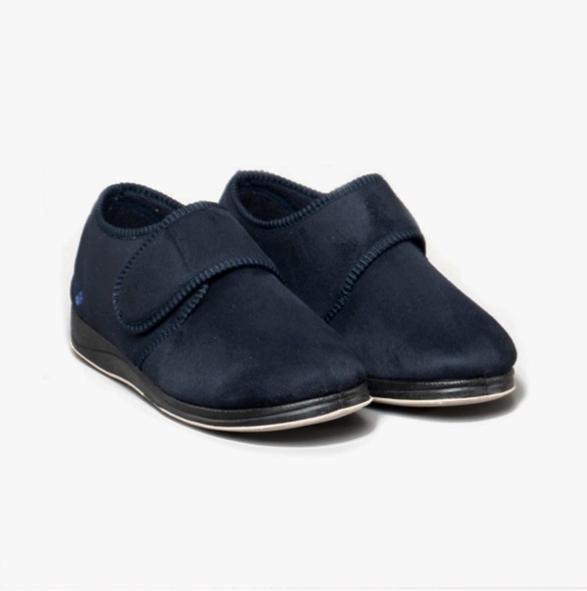 Padders CHARLES Mens (G Fit) Slippers Navy side view showing touch fastening and round toe design.