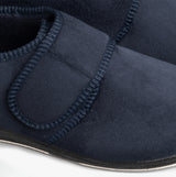 Padders CHARLES Mens (G Fit) Slippers Navy close-up view showcasing touch fasten detail and textile upper.