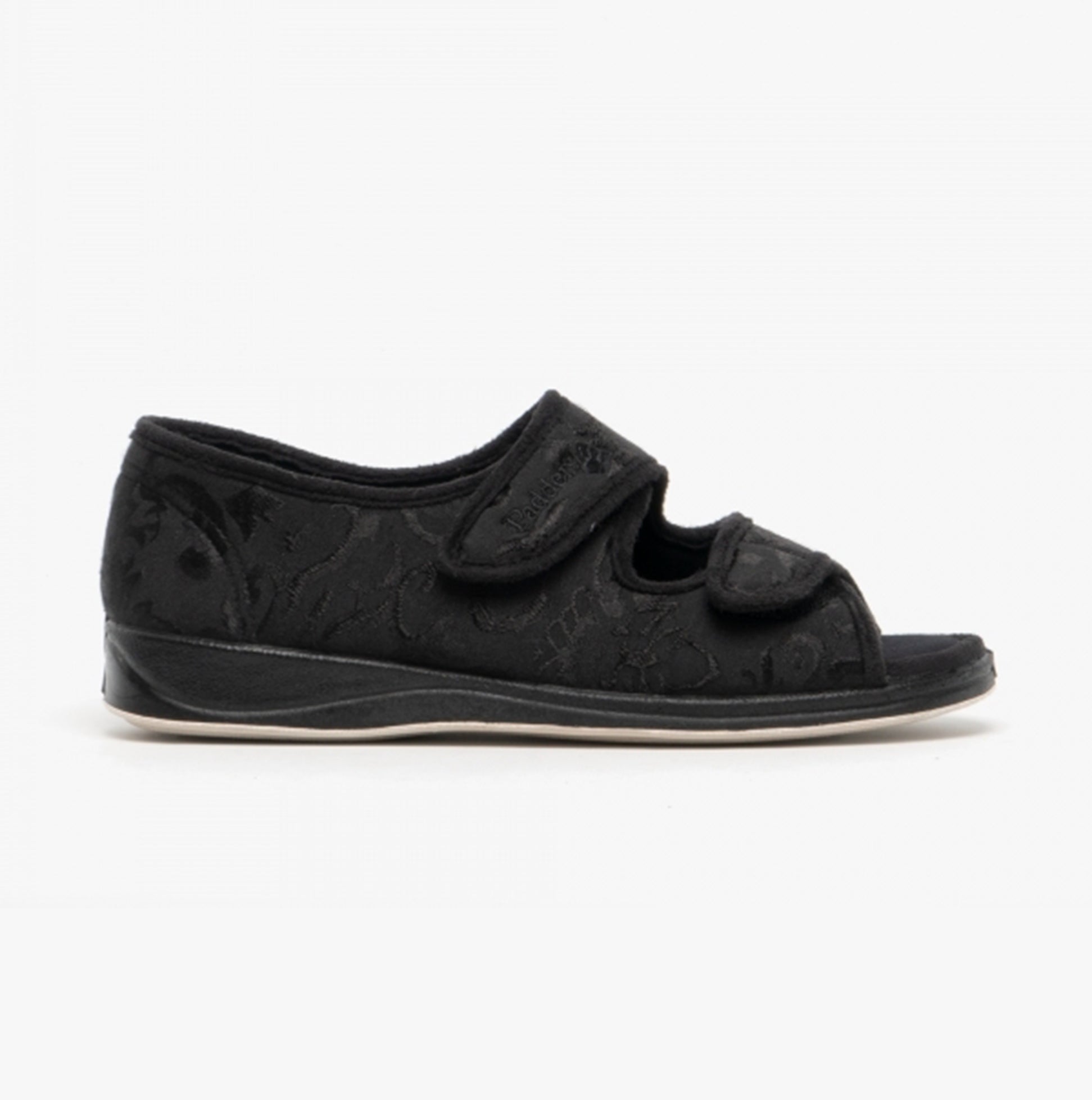 Padders LYDIA Womens (2E Fit) Touch Fasten Slippers Black side view showcasing dual straps and open toe design.