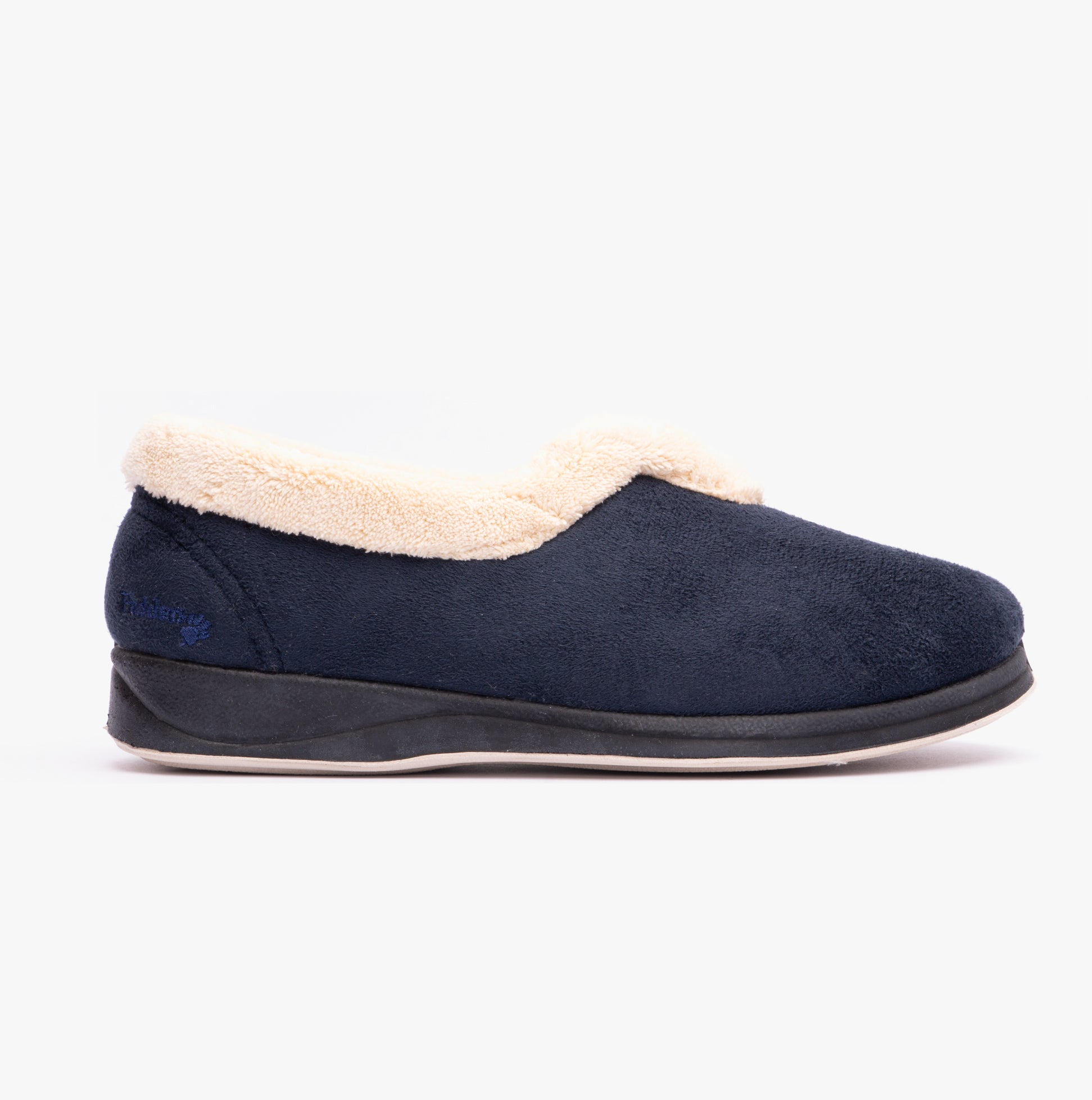 Padders CARMEN Womens (2E Fit) Full Slippers Navy side view showing soft textile upper and warm lining.