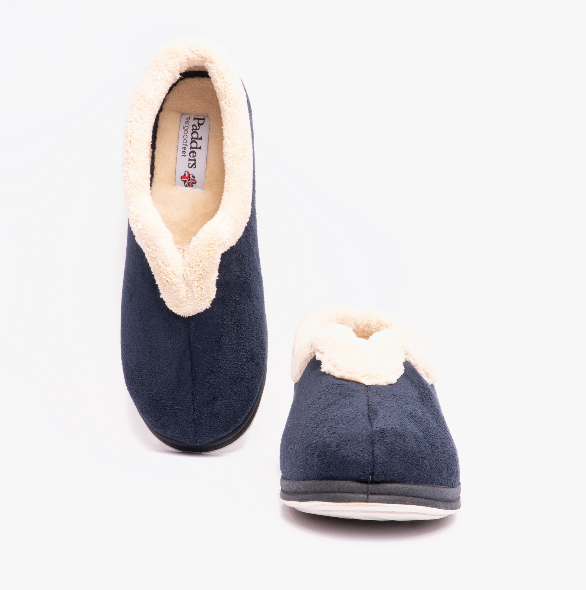 Padders CARMEN Womens (2E Fit) Full Slippers Navy front view showing soft textile upper and warm lining.