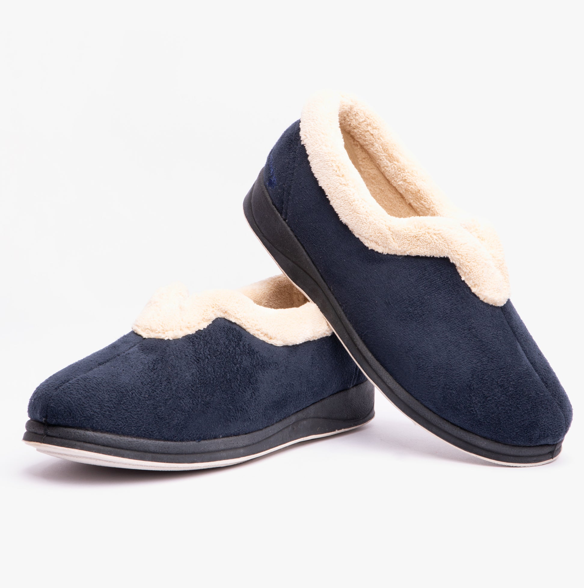 Padders CARMEN Womens (2E Fit) Full Slippers Navy side view showcasing the soft textile upper and warm lining.