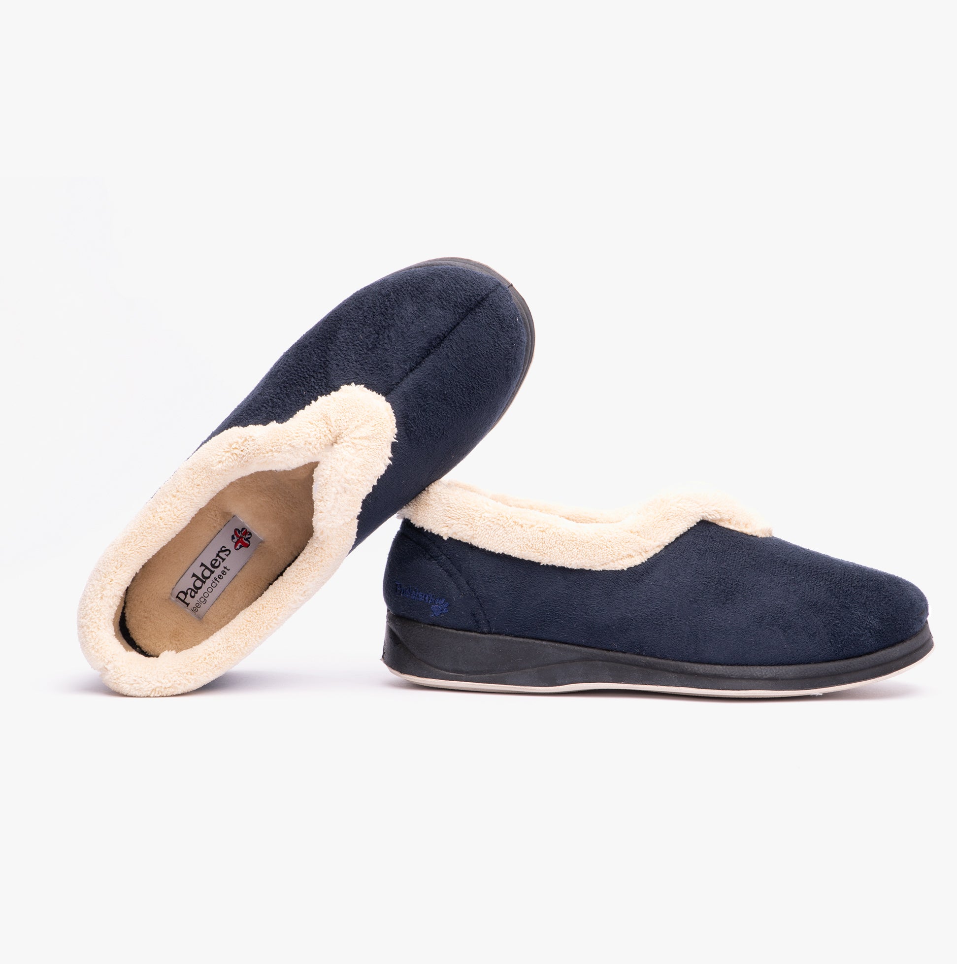 Padders CARMEN Womens (2E Fit) Full Slippers Navy side view, showing soft textile upper and warm lining.