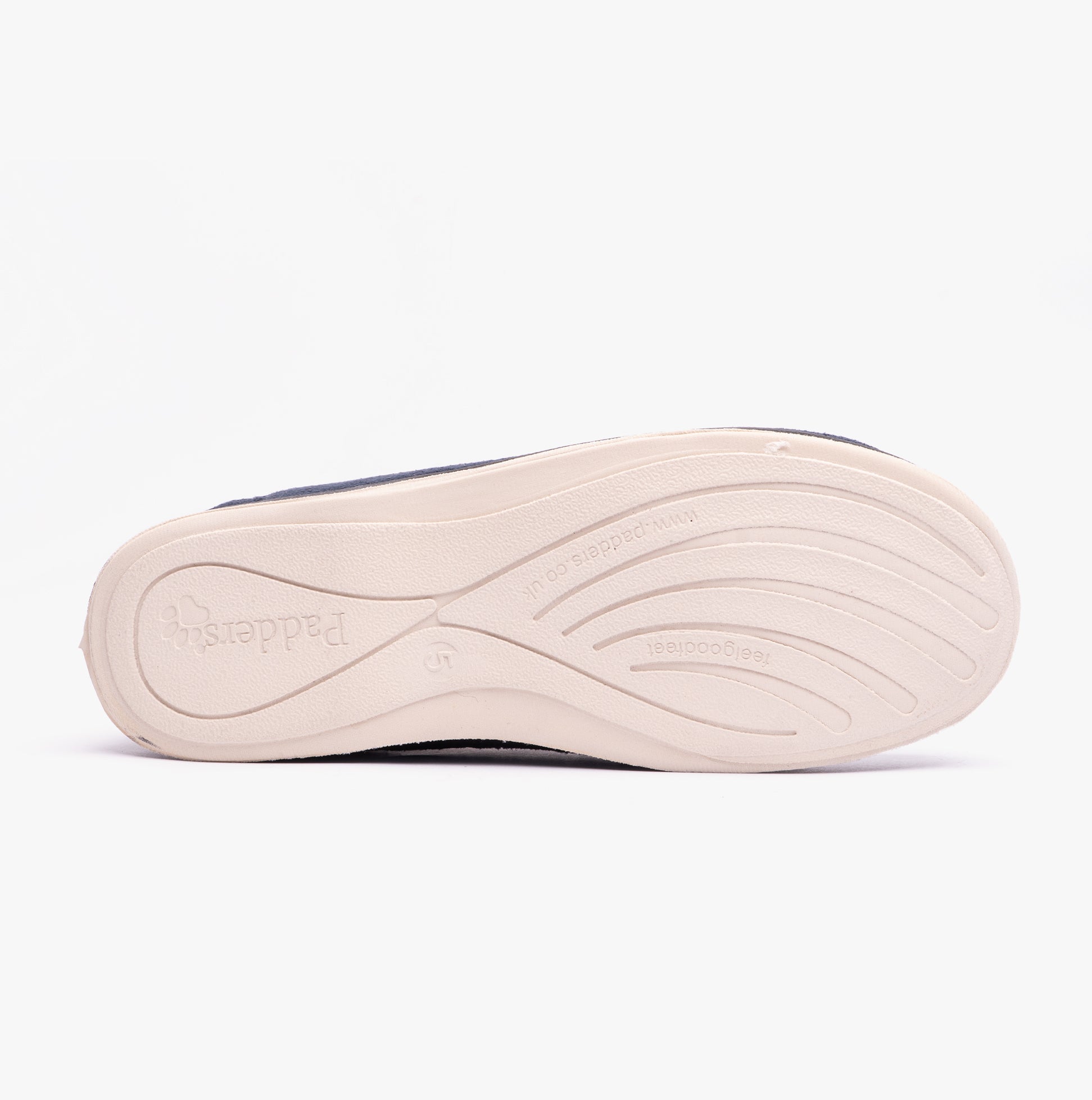 Padders CARMEN Womens (2E Fit) Full Slippers Navy bottom view showing rubber sole with brand logo.