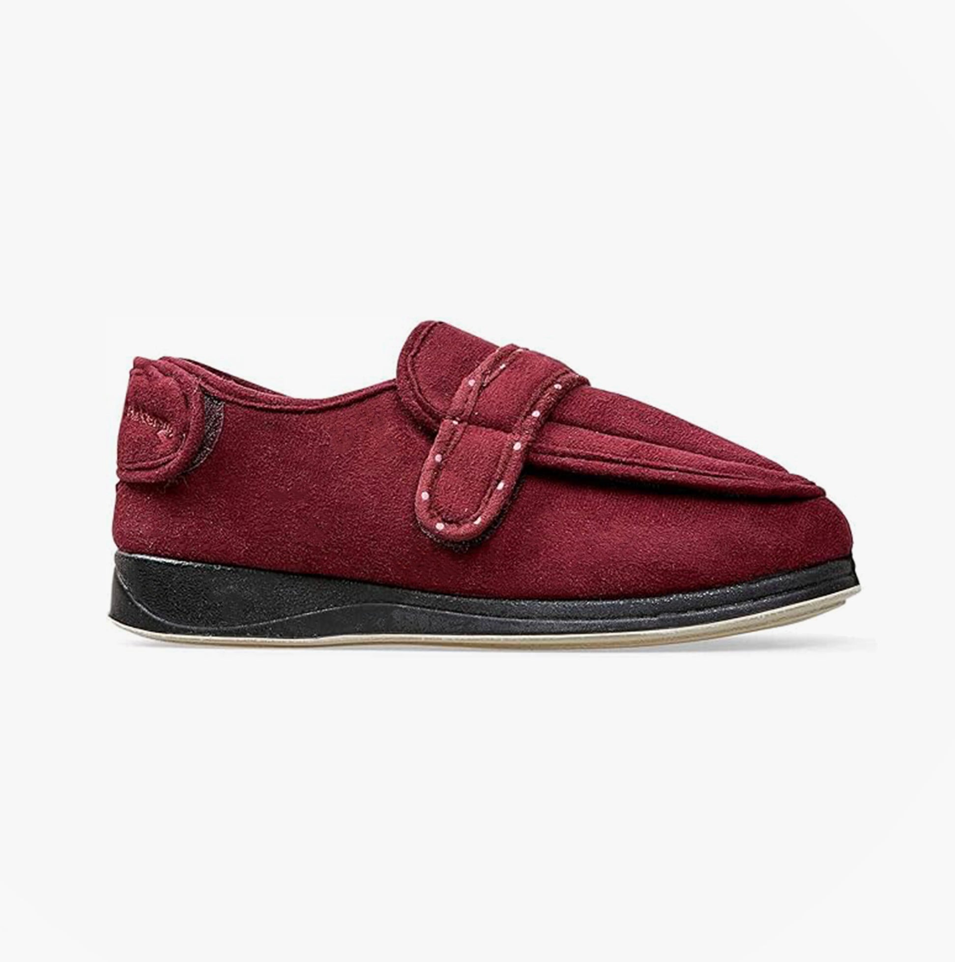 Padders ENFOLD Womens (2E Fit) Touch Fasten Full Slippers Burgundy side view showing touch fasten closure and low top design.