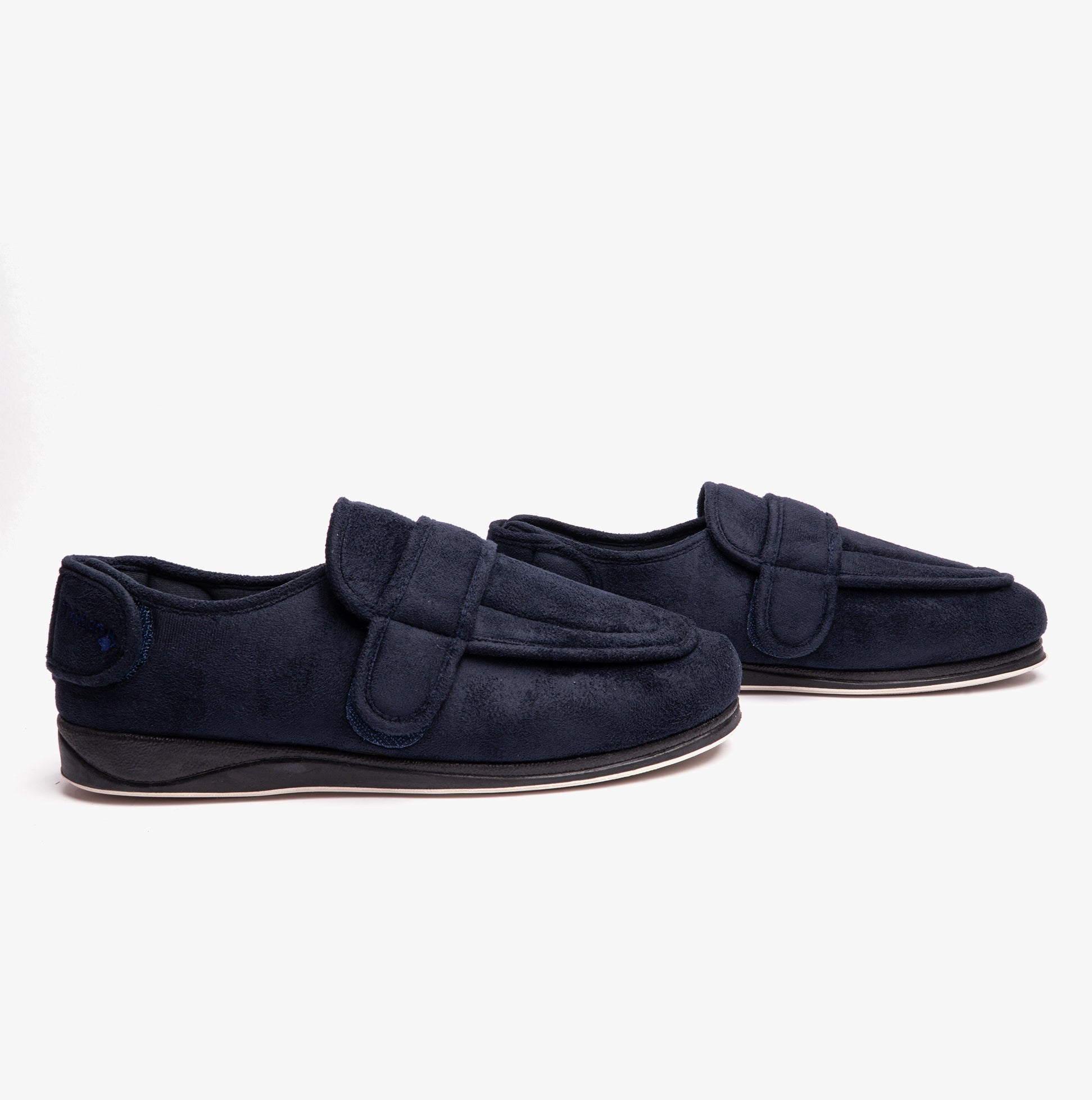 Padders WRAP Mens (G Fit) Easy Access Slippers Navy side view showcasing microsuede upper and touch fasten closure.