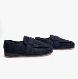 Padders WRAP Mens (G Fit) Easy Access Slippers Navy side view showcasing microsuede upper and touch fasten closure.