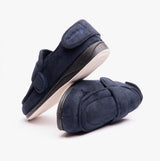 Padders WRAP Mens (G Fit) Easy Access Slippers Navy side view showcasing touch fasten design and soft microsuede upper.
