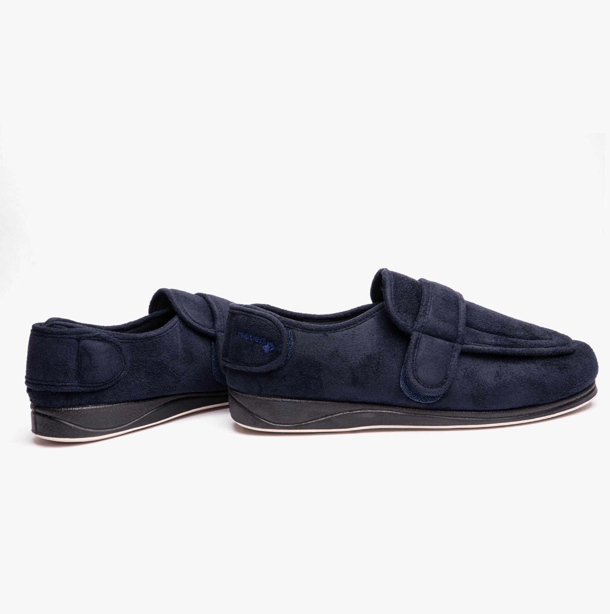 Padders WRAP Mens (G Fit) Easy Access Slippers Navy side view showcasing microsuede material and touch fasten closure.