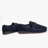 Padders WRAP Mens (G Fit) Easy Access Slippers Navy side view showcasing microsuede material and touch fasten closure.