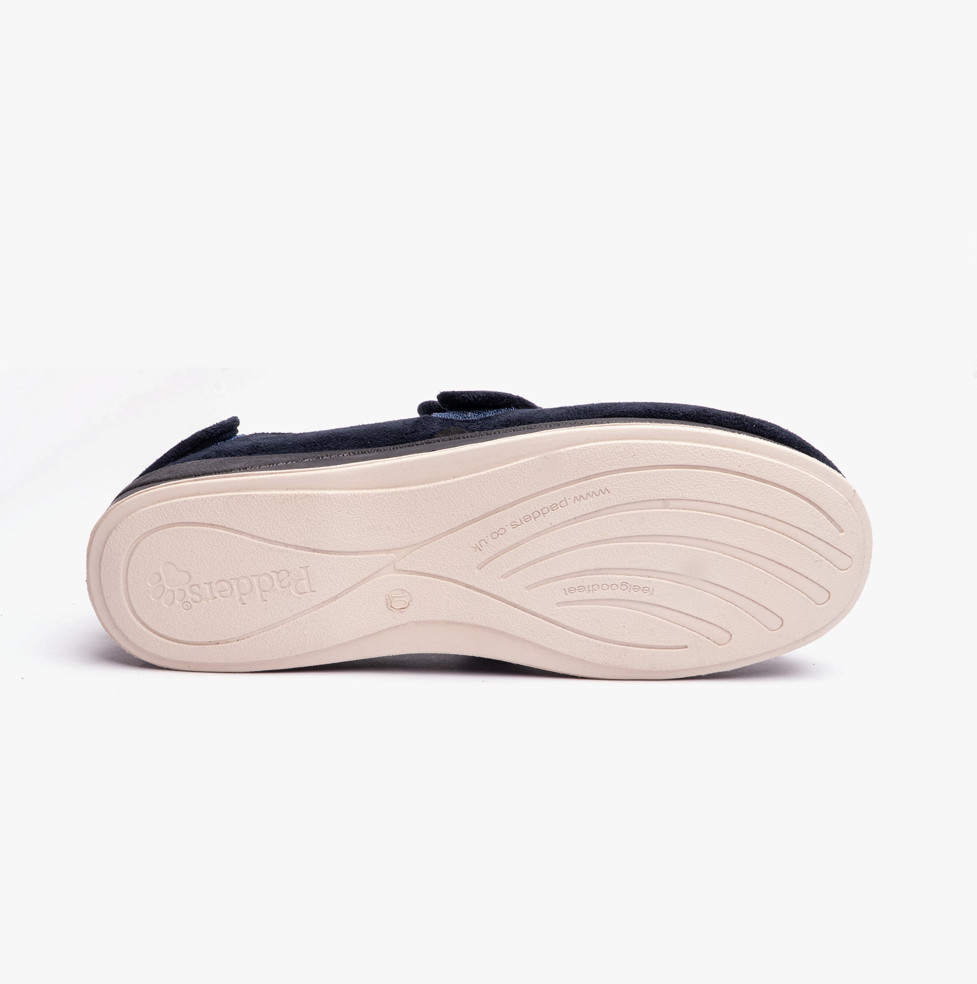 Padders WRAP Mens (G Fit) Easy Access Slippers Navy bottom view showing rubber sole features.