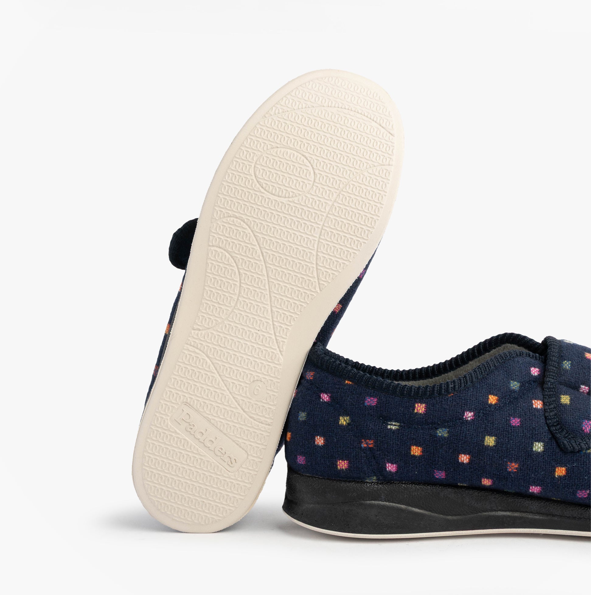 Padders CAMILLA Womens (2E Fit) Touch Fasten Polka Dot Slippers Navy/Multi
