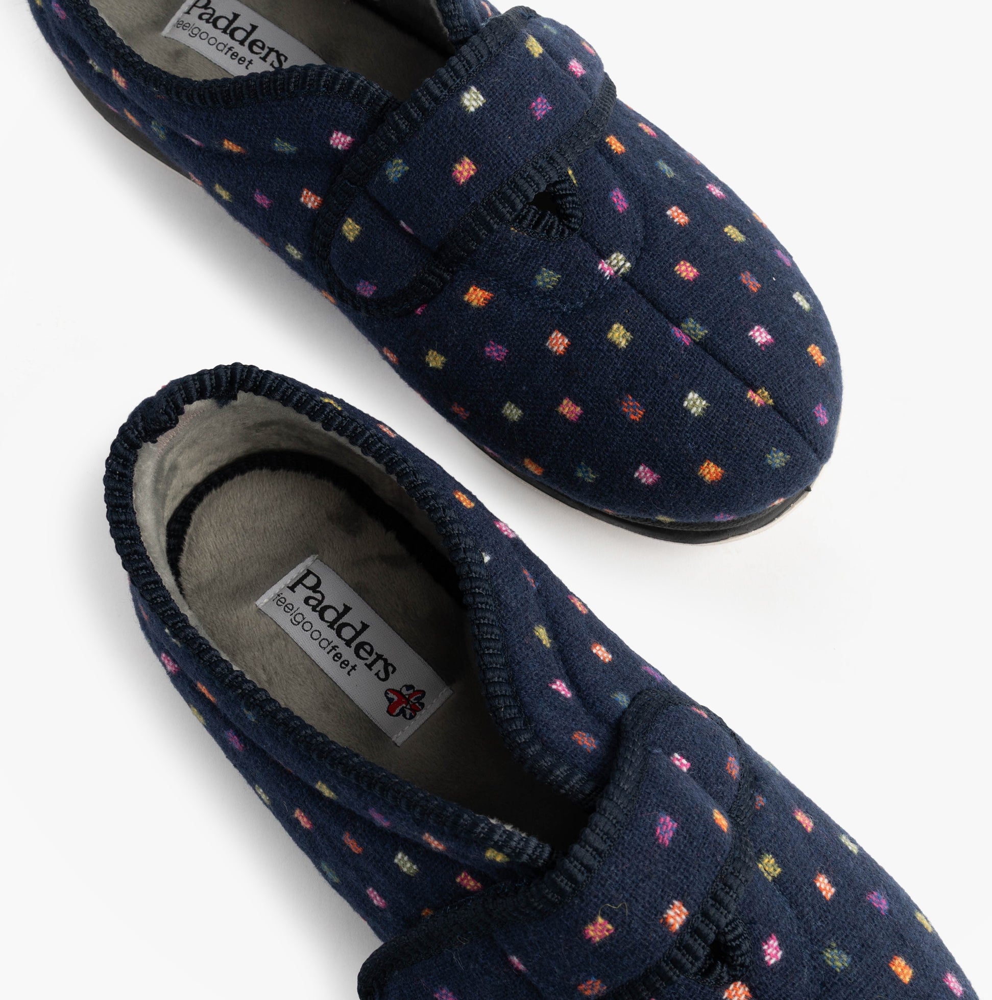 Padders CAMILLA Womens (2E Fit) Touch Fasten Polka Dot Slippers Navy/Multi
