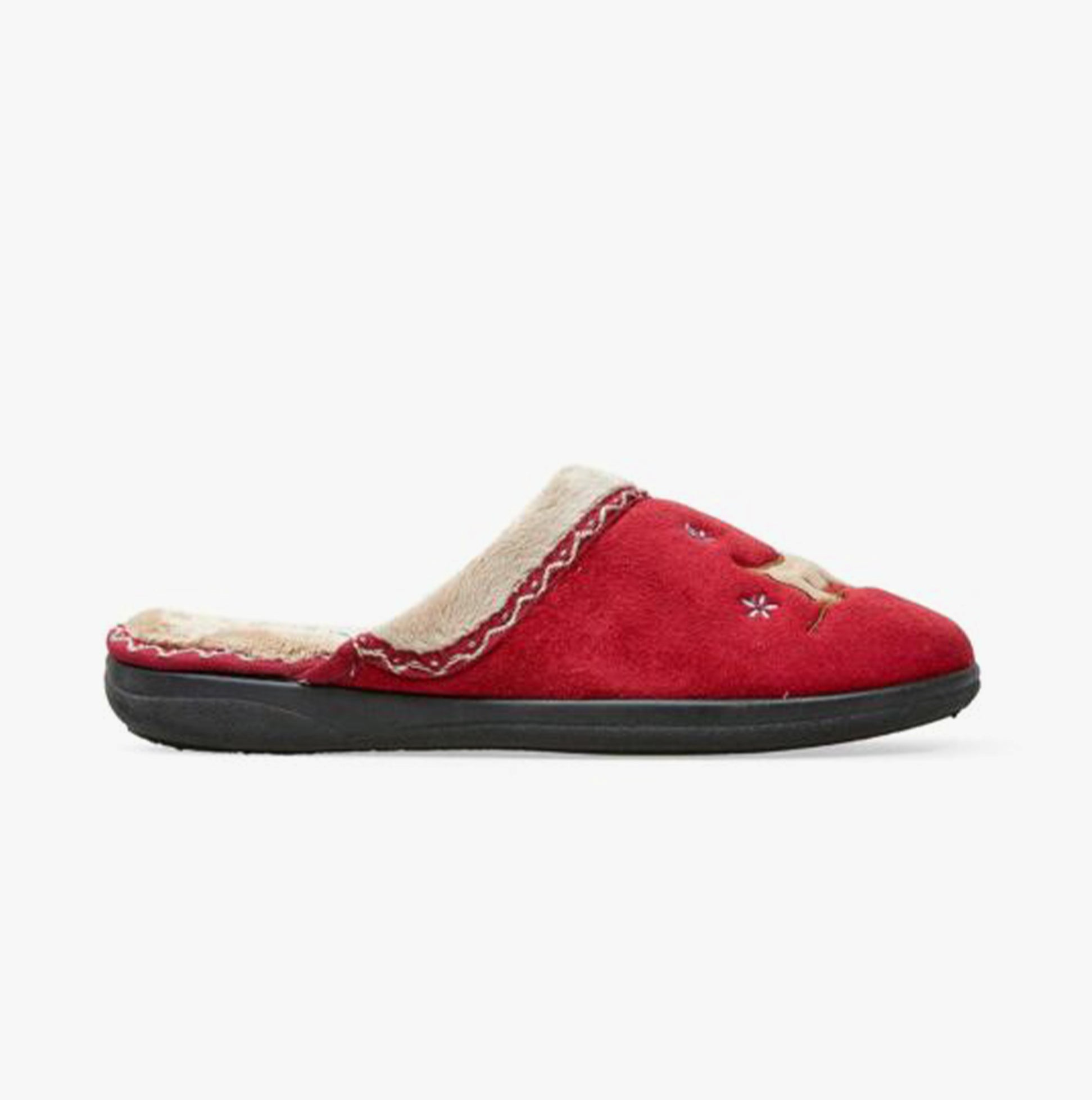 Padders SCOTTY Womens (2E Fit) Mule Slippers Red side view showing textile upper and plush lining.