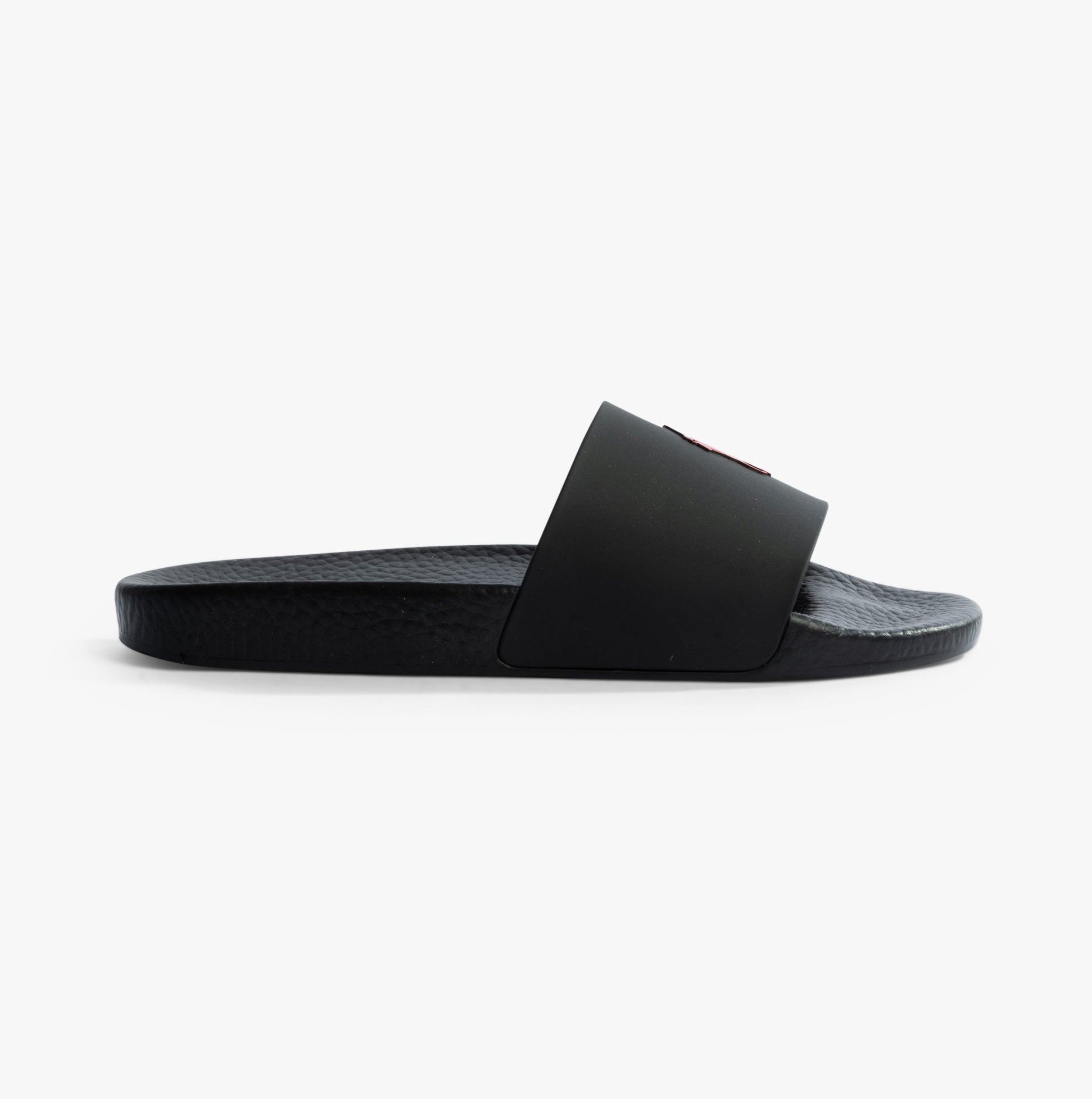 Polo Ralph Lauren POLO SLIDE Mens Sliders Black/Red side view showcasing the comfortable slip-on design in lightweight materials.