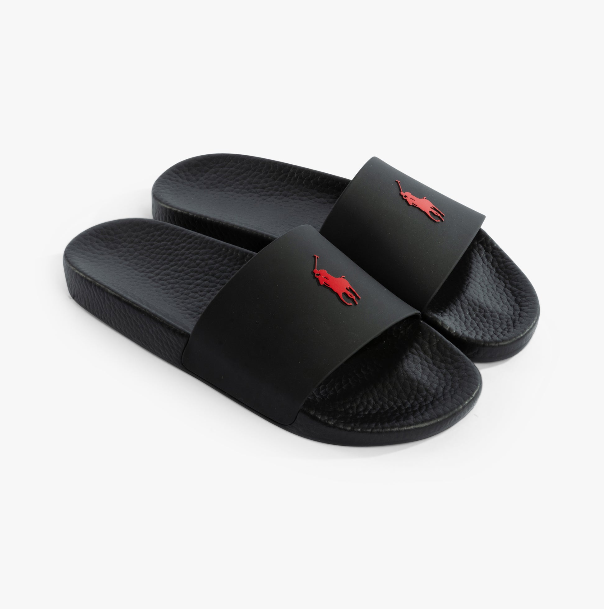 Polo Ralph Lauren POLO SLIDE Mens Sliders Black/Red top view showcasing the lightweight poly material and sleek design.