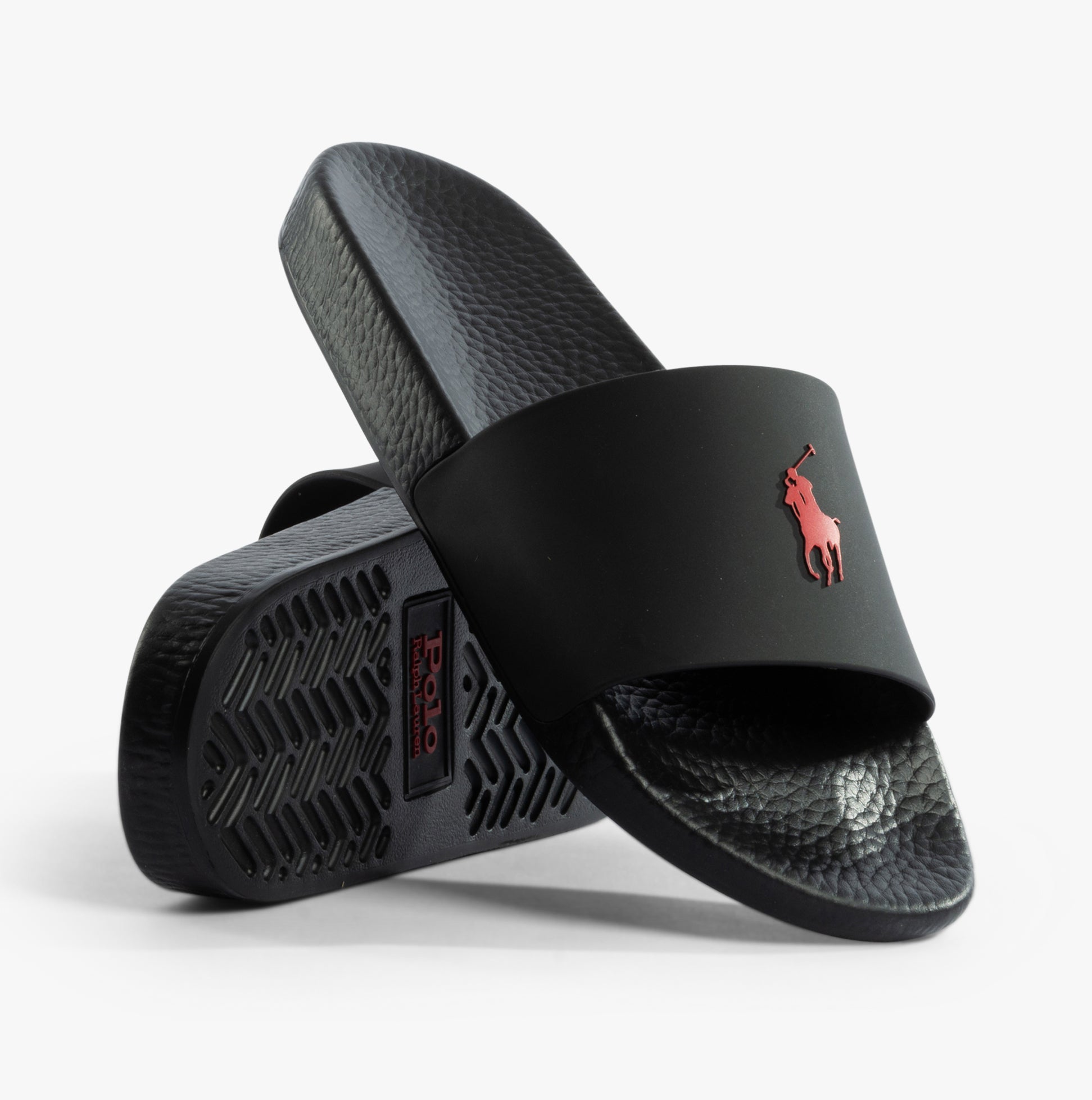 Polo Ralph Lauren POLO SLIDE Mens Sliders Black/Red side view on a white background, showcasing lightweight slip-on design and logo.