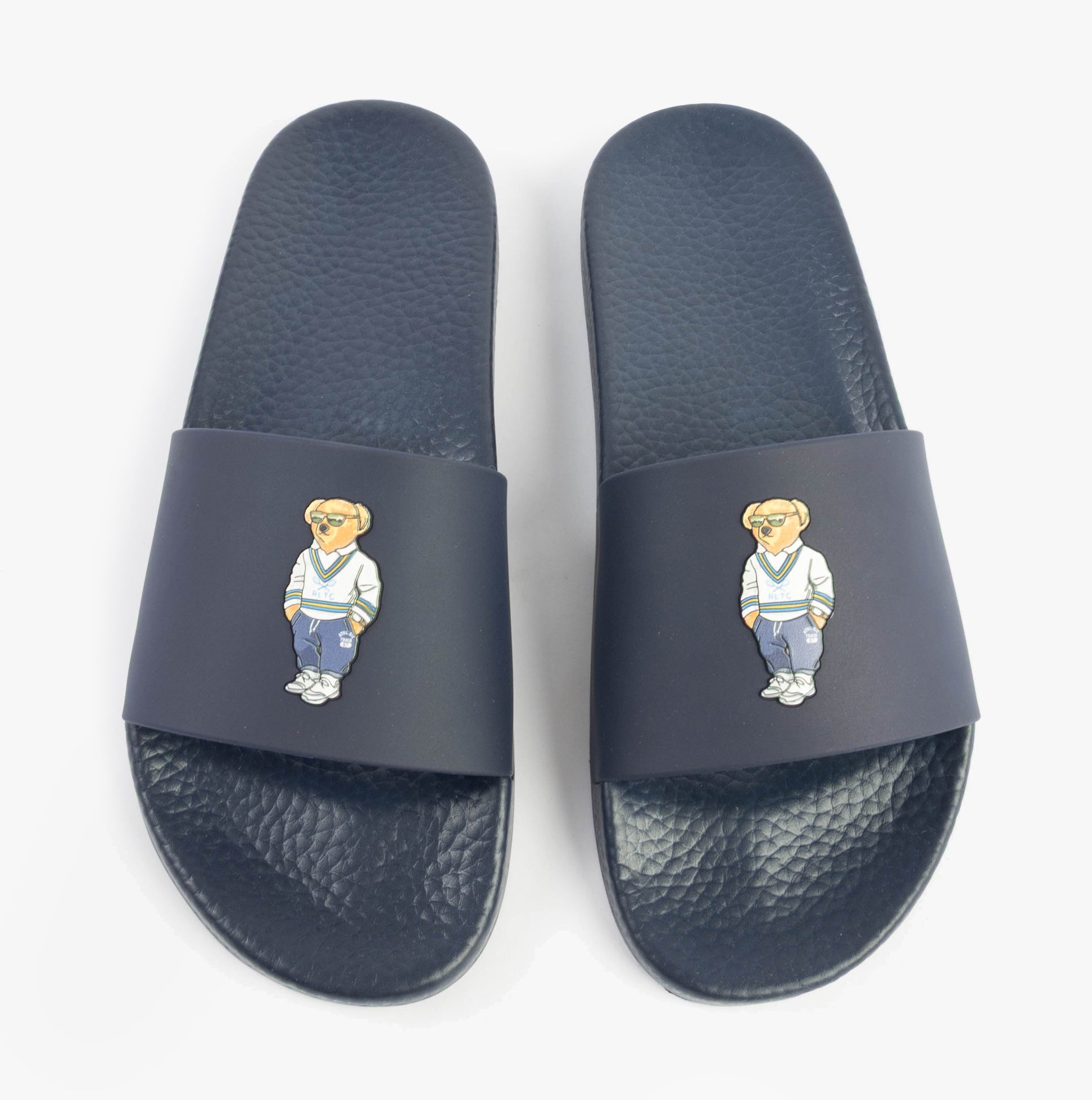 Polo Ralph Lauren POLO SLIDE Mens Sliders Heritage Bear Navy top view showcasing logo and design details.