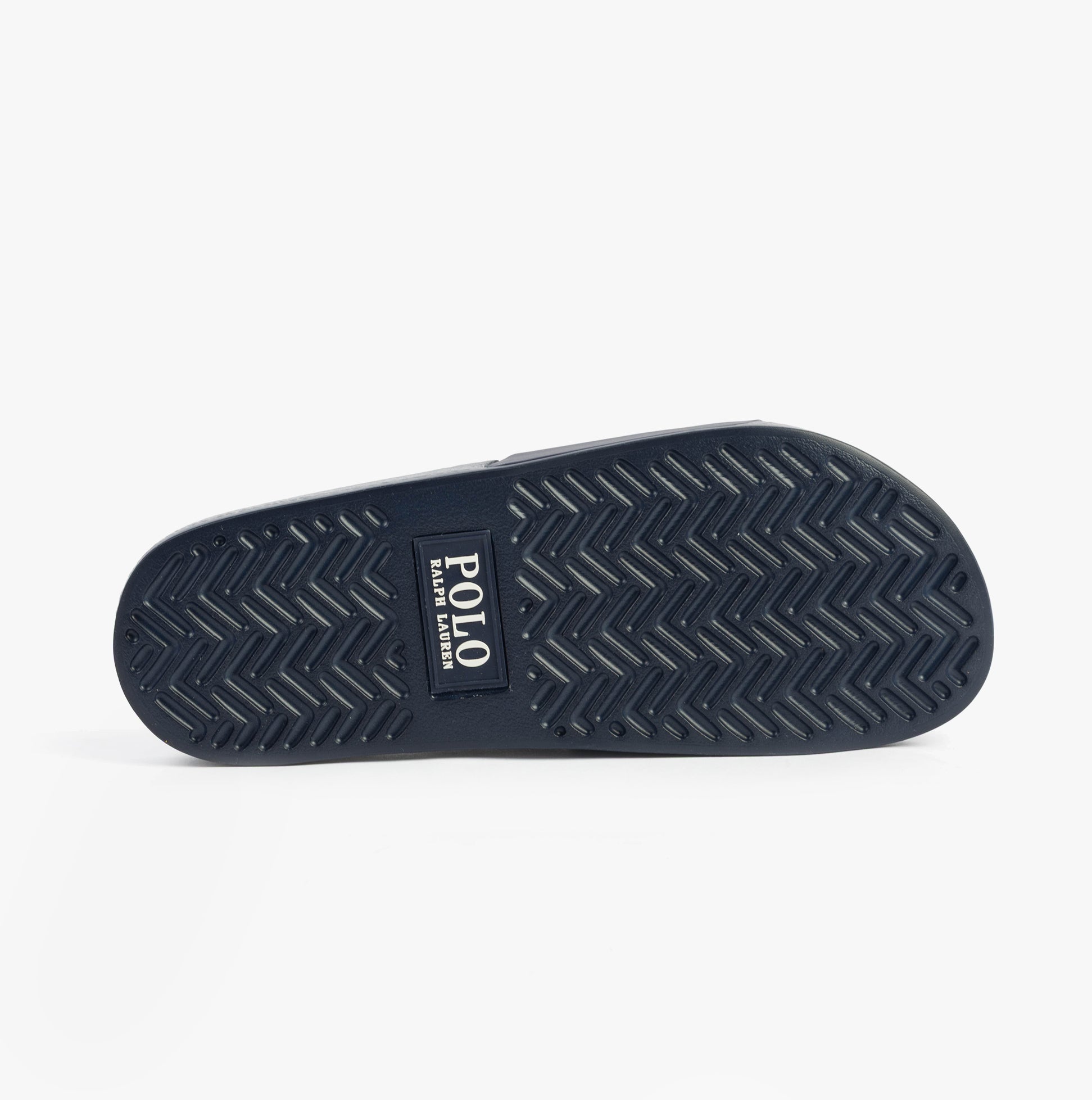 Polo Ralph Lauren POLO SLIDE Mens Sliders Heritage Bear Navy bottom view, showcasing the textured rubber sole.