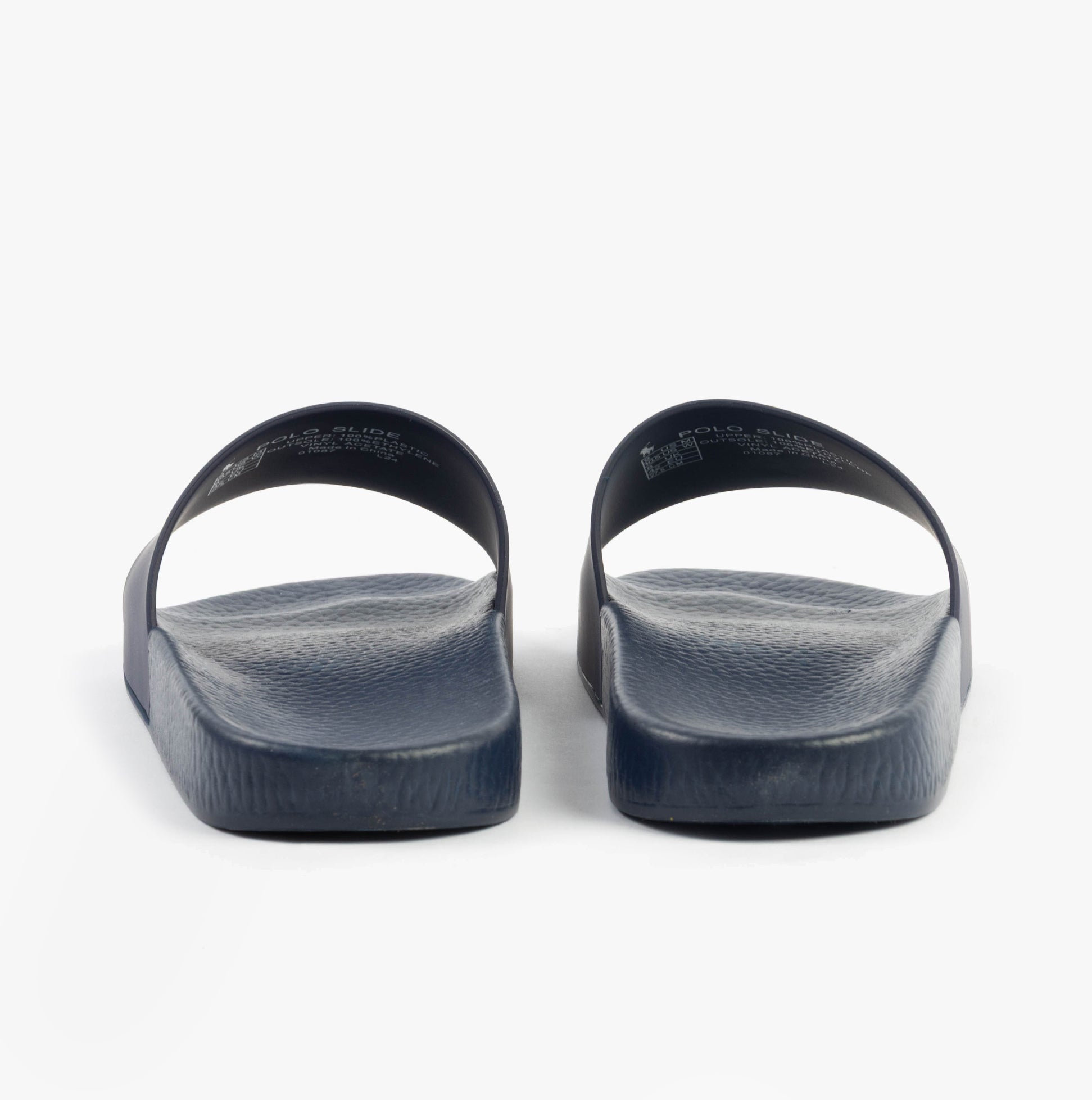 Polo Ralph Lauren POLO SLIDE Mens Sliders Heritage Bear Navy rear view showing lightweight rubber sole and slip-on design.