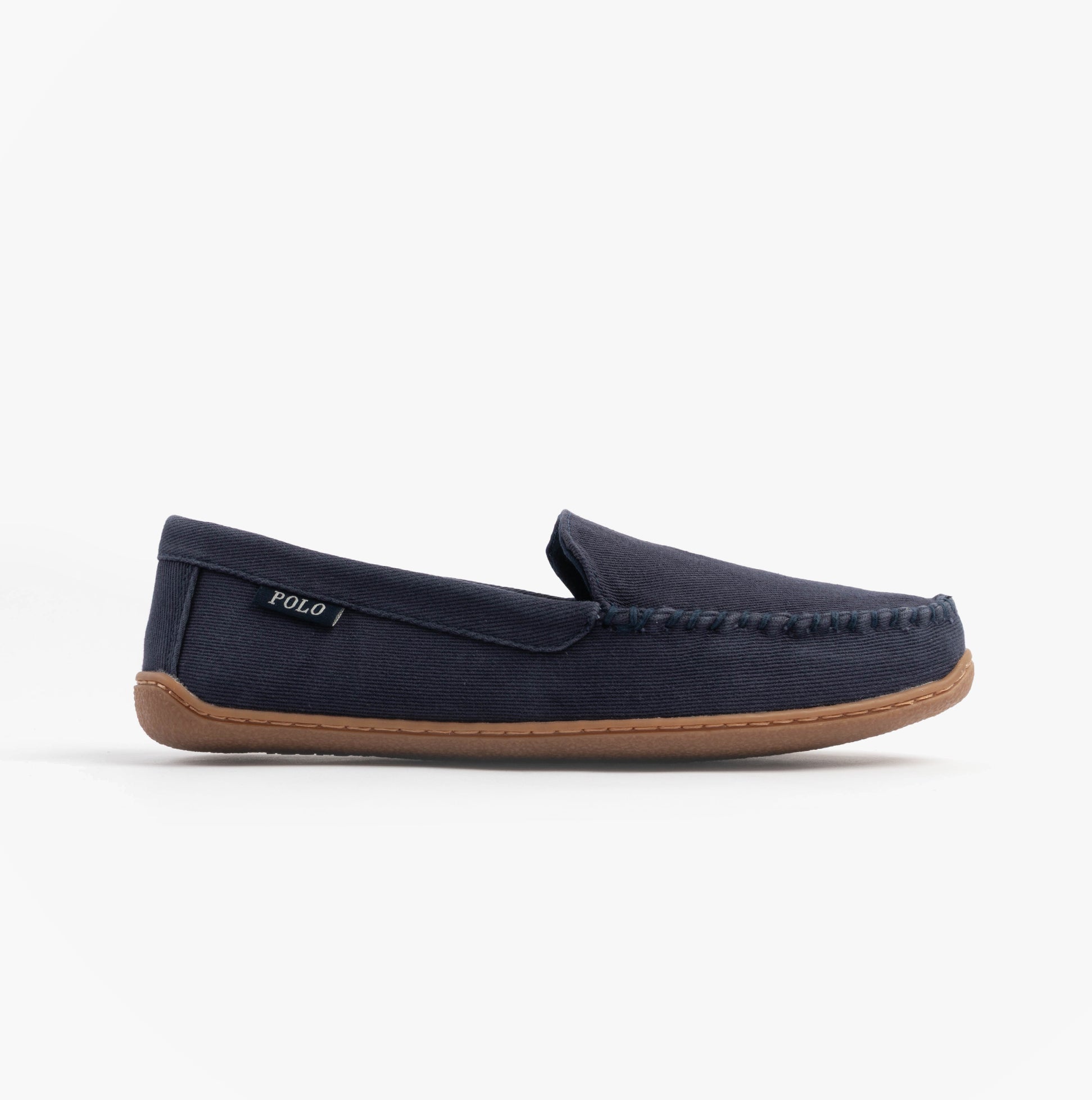 Polo Ralph Lauren BRENAN Mens Slippers Navy/Paper White side view showing suede upper and rubber sole.
