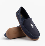 Polo Ralph Lauren BRENAN Mens Slippers Navy/Paper White side view showing suede upper and rubber sole.