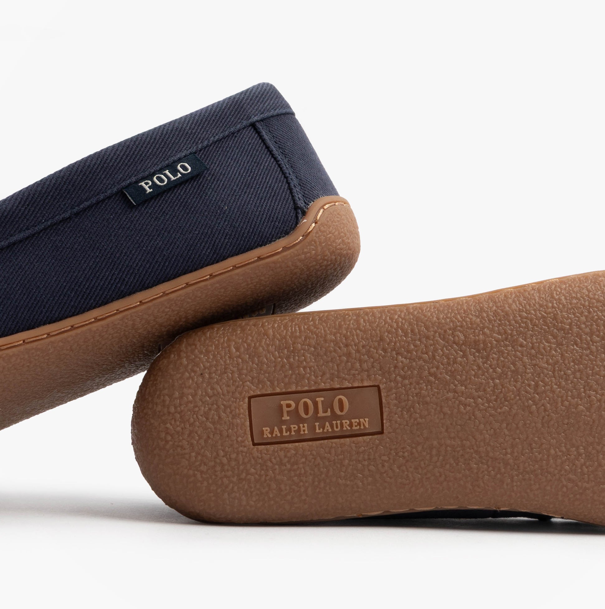 Polo Ralph Lauren BRENAN Mens Slippers Navy/Paper White side view showing the suede upper and rubber sole details.