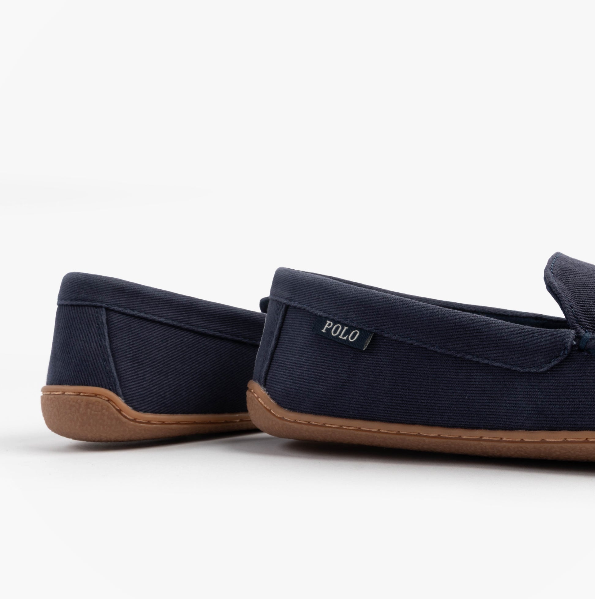Polo Ralph Lauren BRENAN Mens Slippers Navy/Paper White side view showing soft suede and rubber sole.