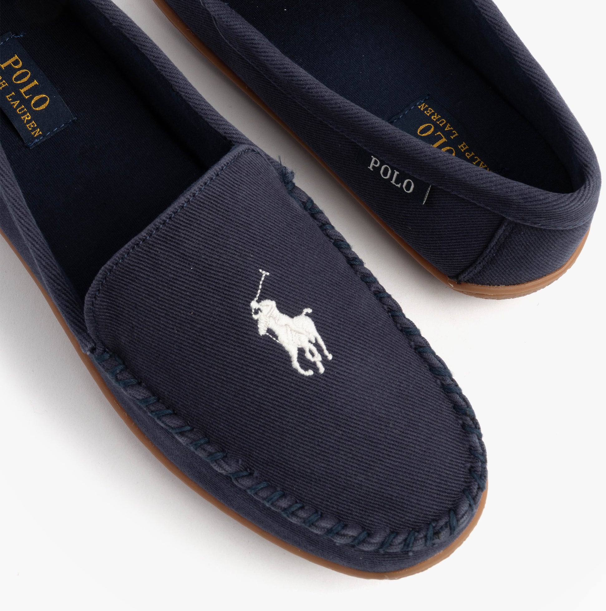 Polo Ralph Lauren BRENAN Mens Slippers Navy/Paper White top view with logo, suede details, and slip-on style.