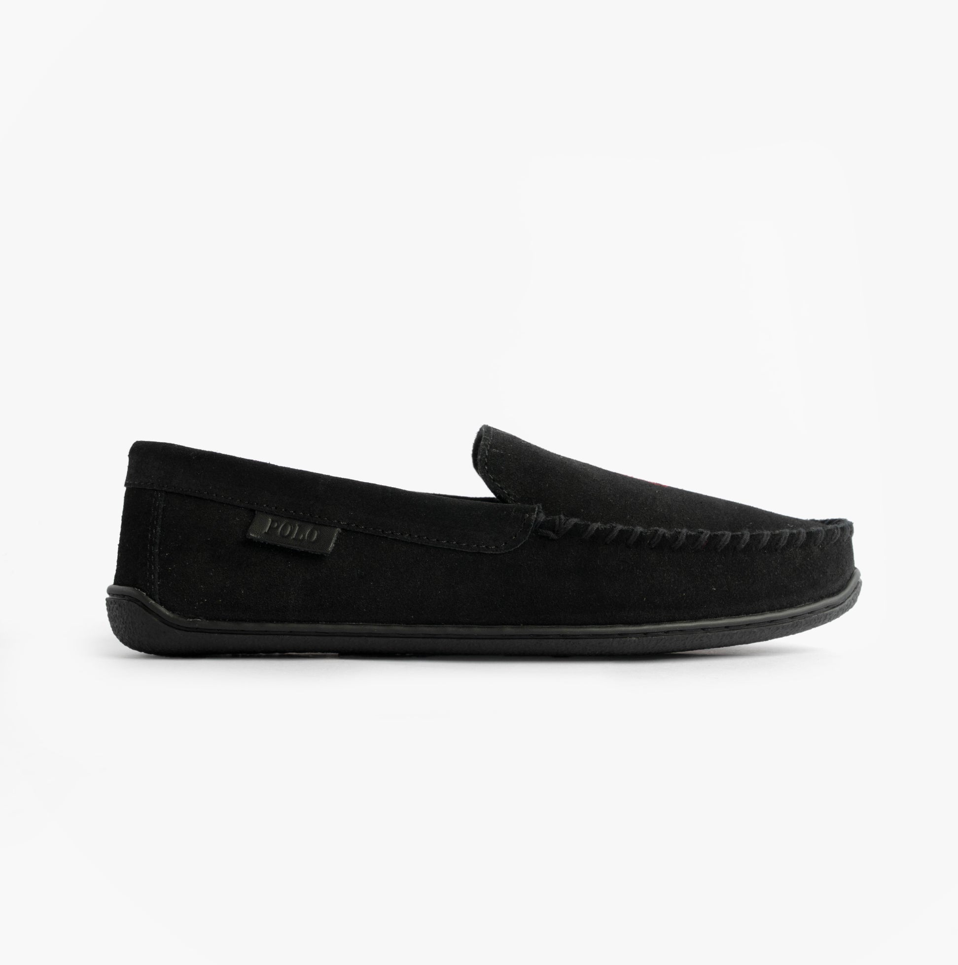 Polo Ralph Lauren BRENAN Logo Mens Dress Suede Slippers Black/Wine side view showcasing suede upper and rubber sole.