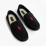 Polo Ralph Lauren BRENAN Logo Mens Dress Suede Slippers Black/Wine side view showing black suede and red logo.