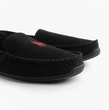 Polo Ralph Lauren BRENAN Logo Mens Dress Suede Slippers Black/Wine side view showcasing suede upper and logo detail.