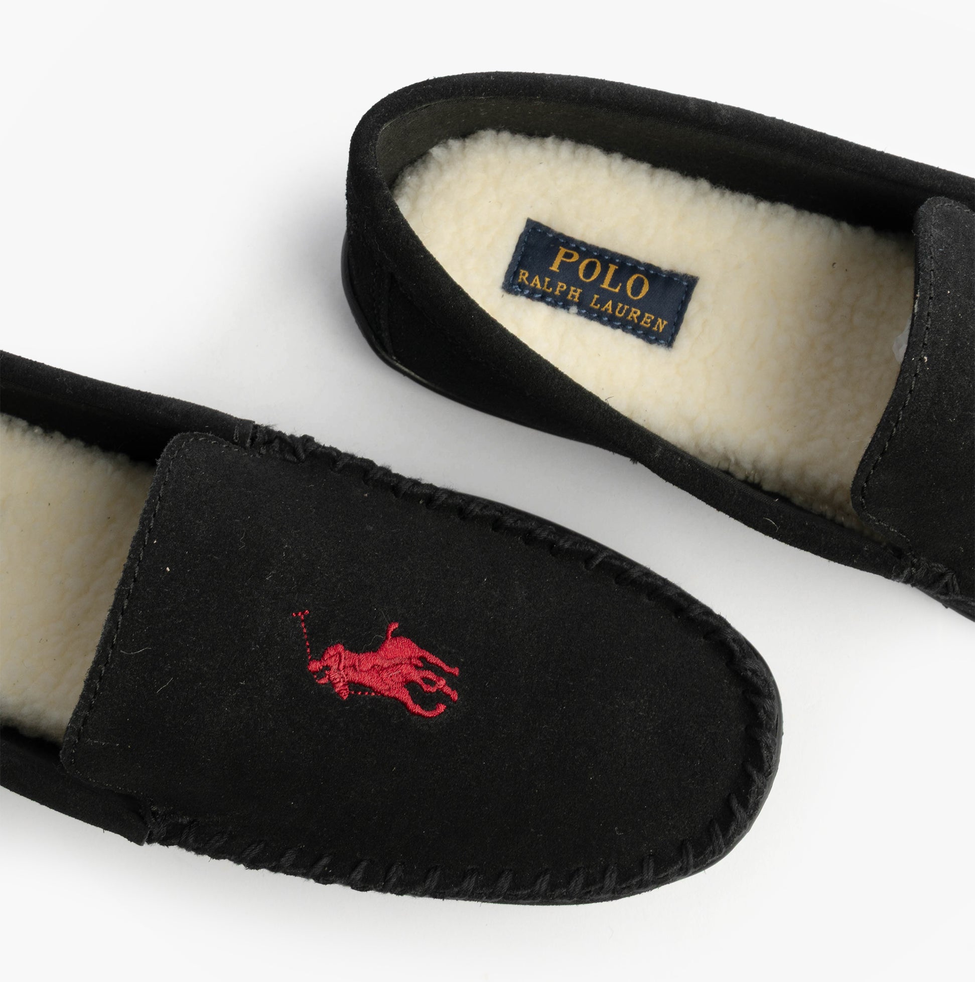 Polo Ralph Lauren BRENAN Logo Mens Dress Suede Slippers Black/Wine top view showing black suede and red logo detail.