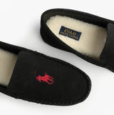 Polo Ralph Lauren BRENAN Logo Mens Dress Suede Slippers Black/Wine top view showing black suede and red logo detail.