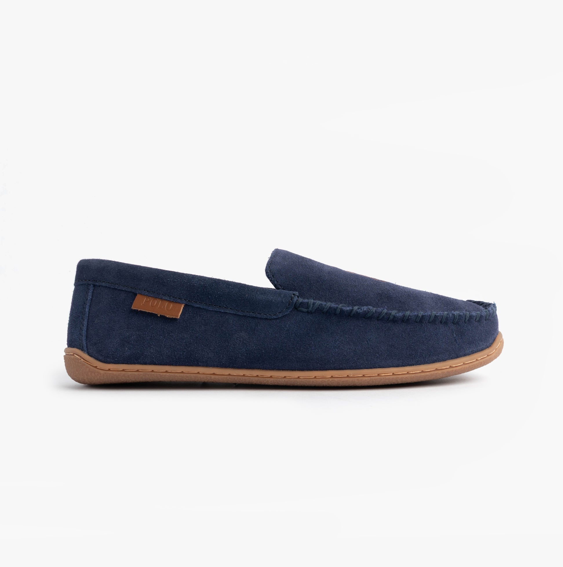 Polo Ralph Lauren BRENAN Logo Mens Dress Suede Slippers Navy side view showcasing the soft suede upper and comfortable design.