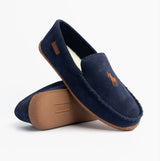 Polo Ralph Lauren BRENAN Logo Mens Dress Suede Slippers Navy side view with logo and rubber sole.