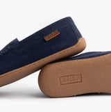 Polo Ralph Lauren BRENAN Logo Mens Dress Suede Slippers Navy side view showcasing soft suede upper and rubber sole.